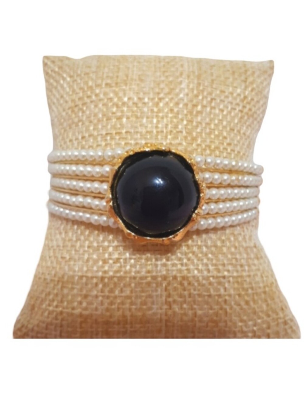 Faux Pearl Black Stone Gold Cuff Bangle Bracelet Vintage Old Hollywood